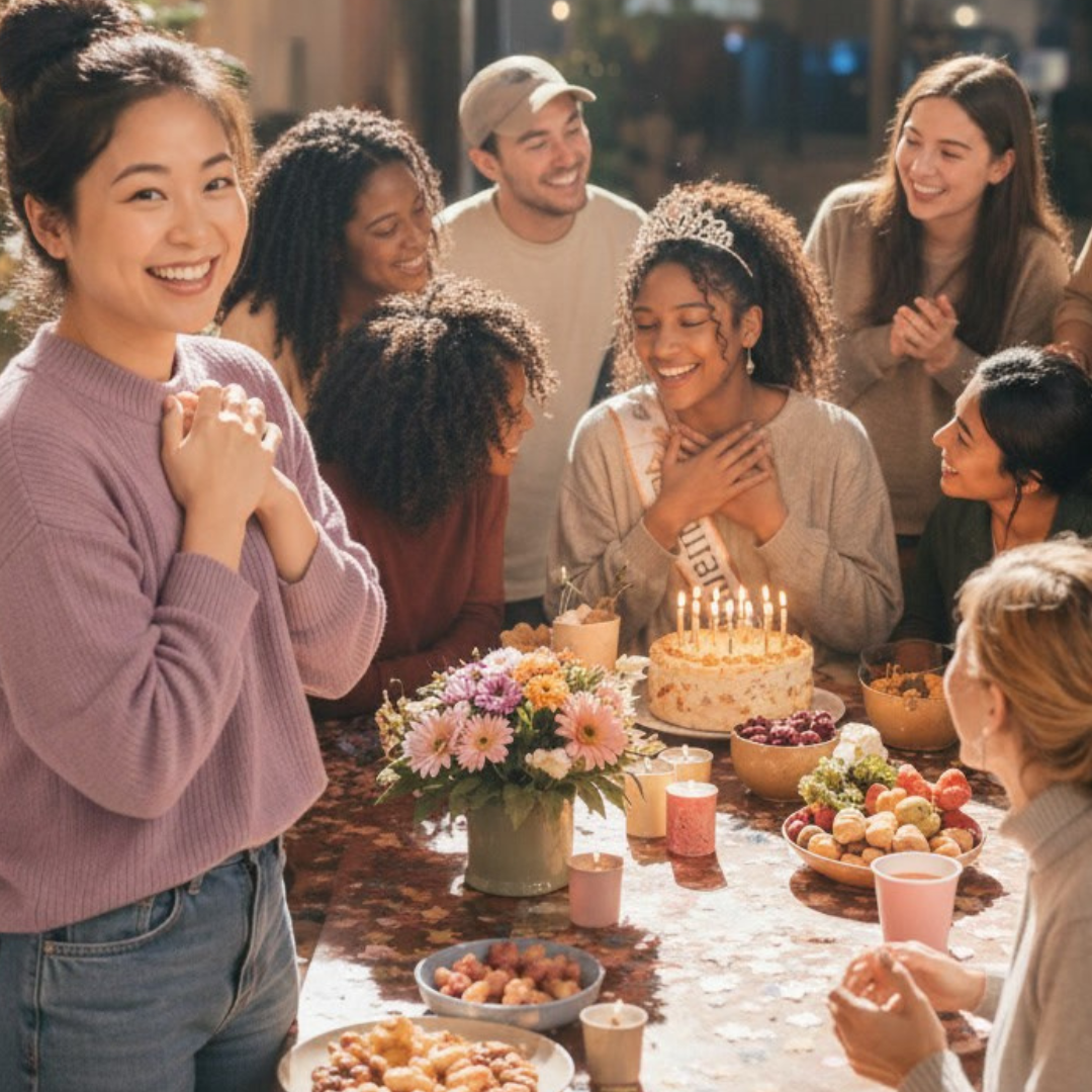 Friends celebrating a birthday together