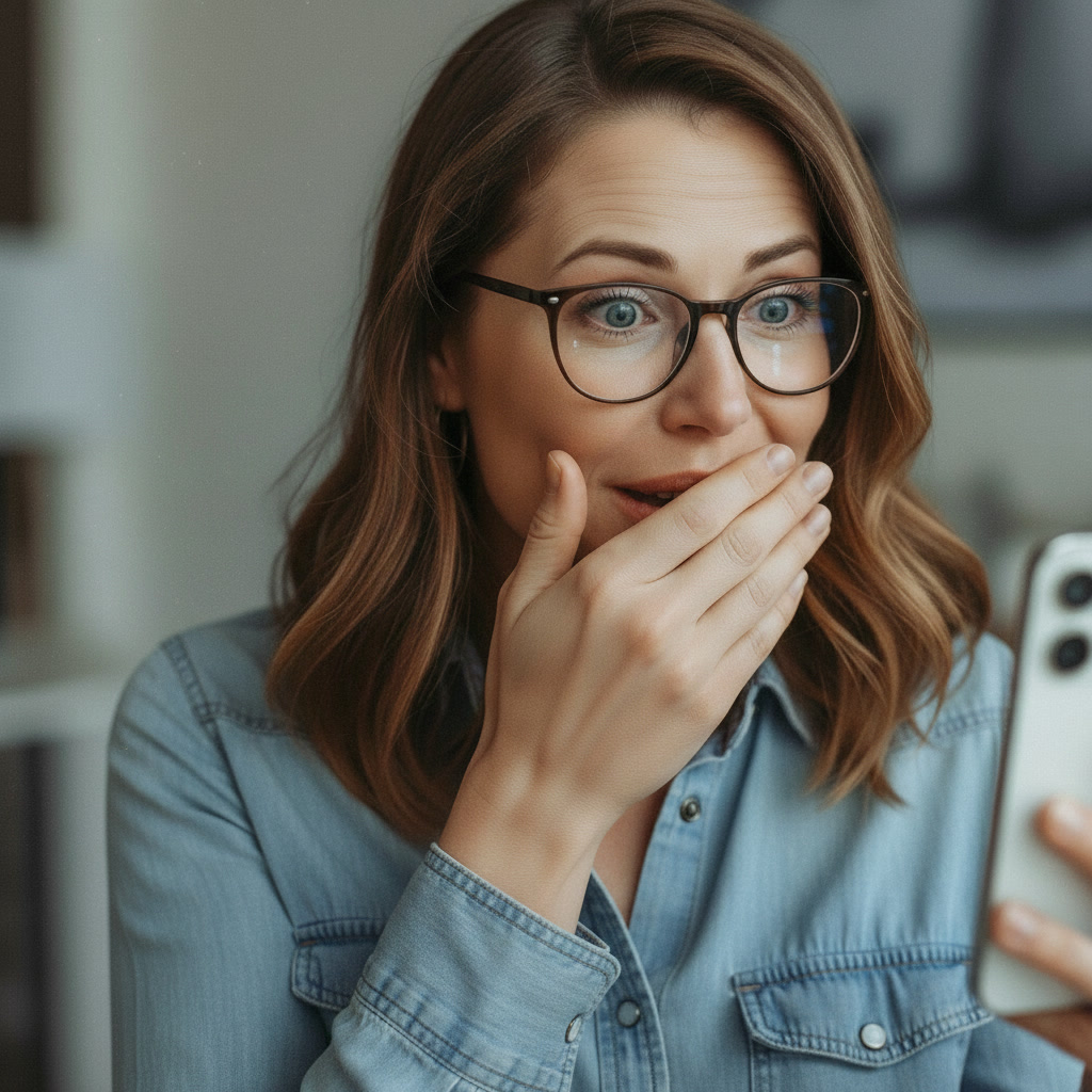 Woman shocked and emotional looking at her phone